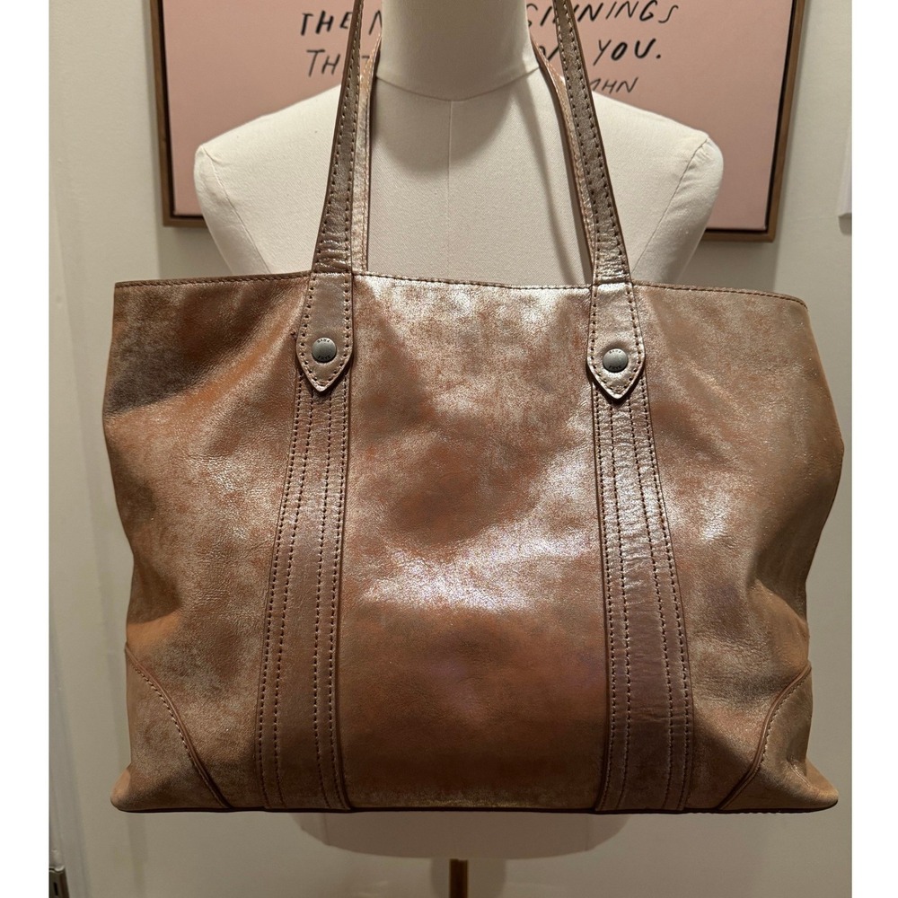 Frye Metallic Leather Tote Bag Bronze Brown Large Shoulder Bag Distressed Finish